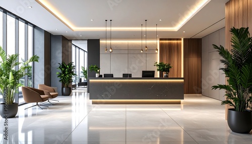 Modern office lobby with sleek reception desk