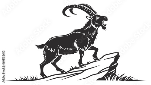 Black silhouette of an ibex standing on a rocky outcrop with grass at its base in a vector image