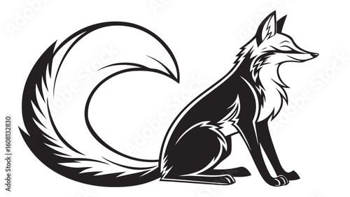 Stylized black and white fox sitting with a large curled tail and pointy ears in a simple design