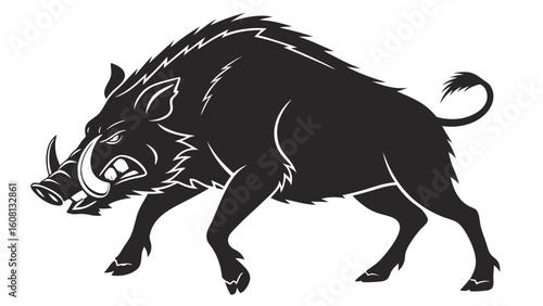 Silhouette of a wild boar with large tusks and bristly fur in a menacing stance on a white background