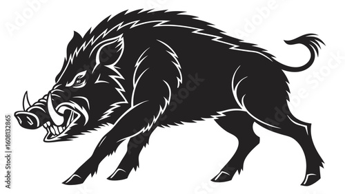 Illustration of a black wild boar with white outlines in a menacing pose showing its sharp teeth