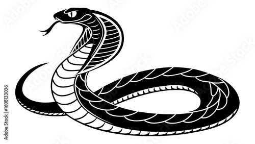 Black and white illustration of a cobra snake with its tongue out and hood extended artwork design