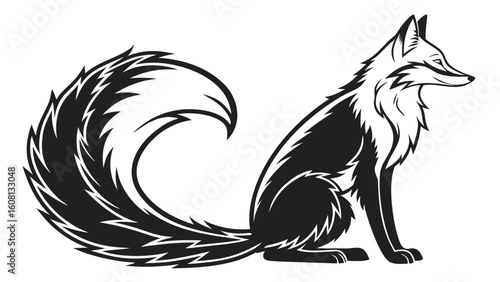 Illustration of a stylized fox sitting with a large bushy tail in black and white vector art