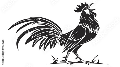 Illustration of a crowing rooster with detailed feathers and comb in black and white design vector art
