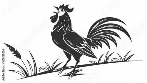 Illustration of a crowing rooster standing in grass with a wheat stalk in black and white style