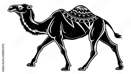 Illustration of a detailed black camel with decorative saddle walking towards the left side view