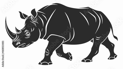 Silhouette illustration of a rhinoceros with prominent horns walking on a white background