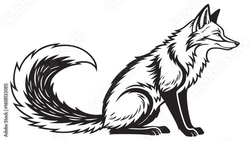 Illustration of a fox sitting with a bushy tail and pointed ears in black and white outline style