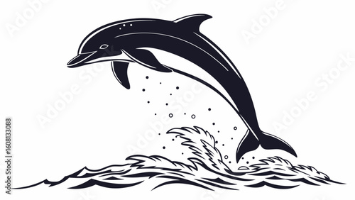Silhouette of a dolphin leaping out of the water with splash and waves in black and white design