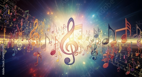 Musical Notes in a Swirling, Colorful Abstract Design Representing Music and Sound