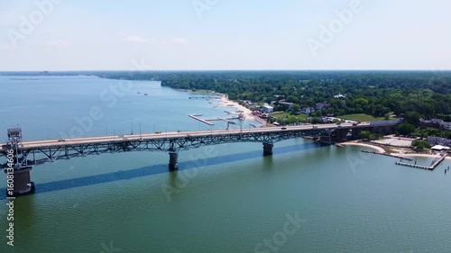 Wallpaper Mural Aerial cinematic video of downtown Yorktown Virginia and the Coleman Bridge spanning the York River. Torontodigital.ca