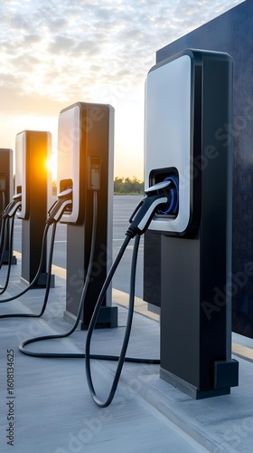 Electric vehicle charging station at sunset – modern EV charging station for clean energy, row of electric vehicle charging station for sustainable transport solutions