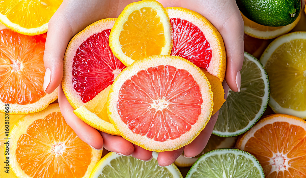 Fototapeta premium Colorful Citrus Fruit Slices Held in Hands Against Vibrant Background