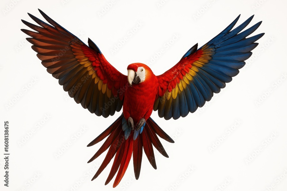 Fototapeta premium Brilliant Tropical Scarlet Macaw in Dynamic Flight Pose Against Clean Studio Background