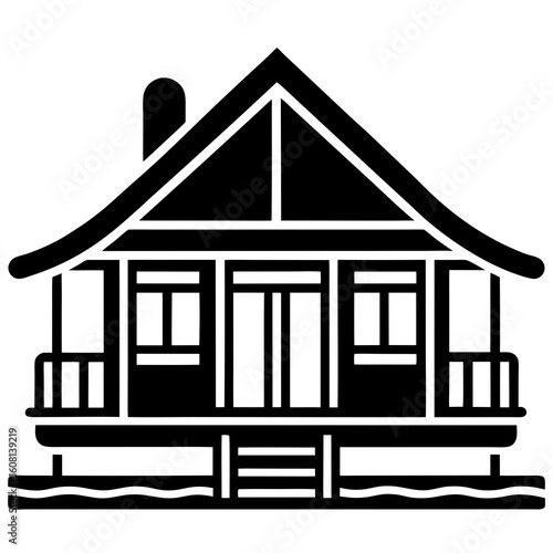 Black and white silhouette of a stilt house with a chimney
