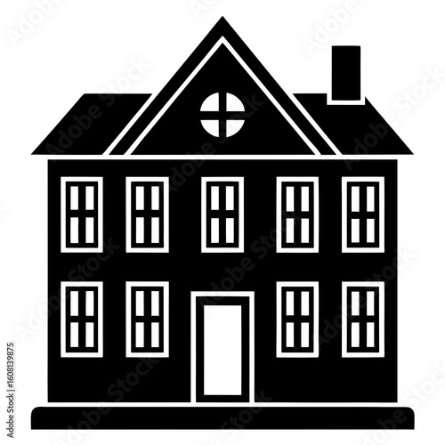 Two Story House with Many Windows and Chimney Black and White