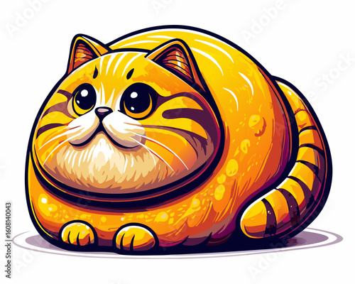A very round and fat orange tabby cat with large, innocent eyes, rendered in a shiny, stylized, and cartoonish manner on a white background.