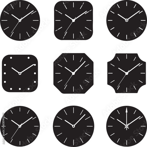 Various black clocks with white hands and markers time