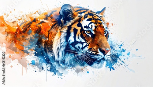 Artistic Tiger Portrait with Watercolor Splashes and Vibrant Color Palette