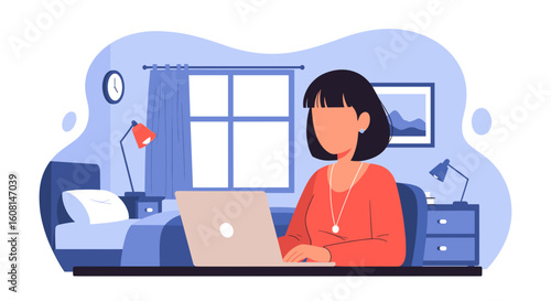 Woman working on laptop from home, ideal for remote work, work from home, and freelance lifestyle blog posts.