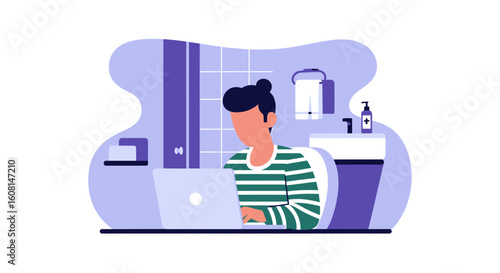 Person working on laptop in bathroom, ideal for blog posts about remote work or work-life balance.