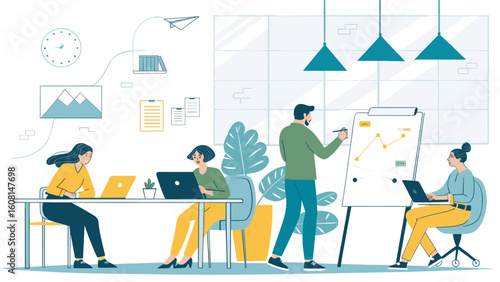 Teamwork, Business Meeting, Collaboration, Strategy Session, Office Workers, Modern Workplace,  Illustration for Website or Presentation