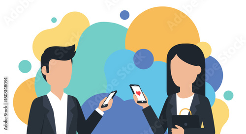 Flat illustration of two businesspeople using smartphones, perfect for website banners or app interfaces.
