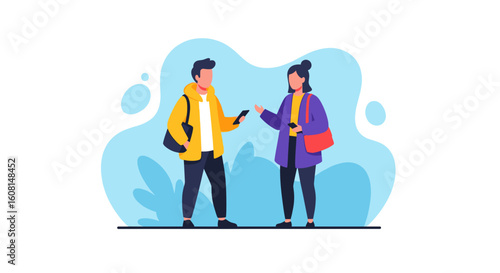 Two young adults chatting while holding smartphones, perfect for a modern communication or technology app landing page.