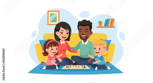 Happy family playing a board game together at home, perfect for family blogs and websites.