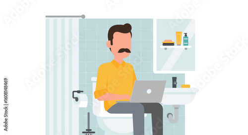 Man working on laptop in bathroom - perfect for illustrating work-life balance or remote work articles.