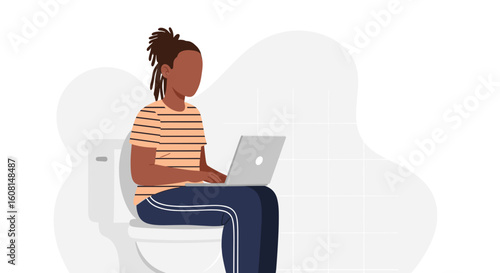 Person working on laptop while sitting on toilet - Illustration for blog post or social media.