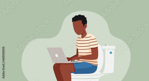 Illustration of a man working on his laptop while sitting on the toilet; perfect for articles on work-life balance or modern lifestyle.