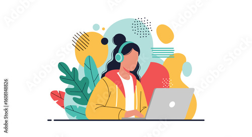 Woman using laptop with headphones, perfect for websites, blogs, and social media posts about online learning, remote work, or technology.