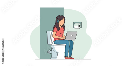 Woman working on laptop while sitting on toilet - illustration for blog, article or website.