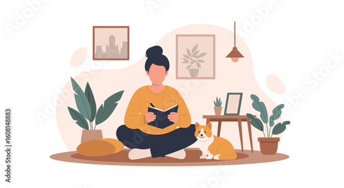 Woman relaxing at home, reading a book with her dog. Perfect for blogs, websites, or social media posts about relaxation, mindfulness, or pet ownership.