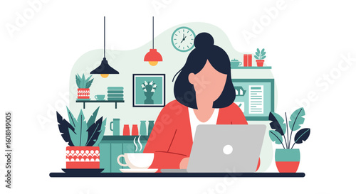 Woman working on laptop in a cafe, perfect for blog posts about remote work or freelancing.