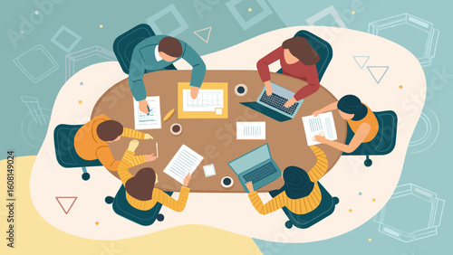 Teamwork, collaboration, and brainstorming: Top view of diverse colleagues collaborating around a table, ideal for business presentations or website banners.