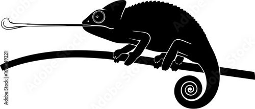 A black silhouette of a chameleon perched on a branch, its long tongue extended.