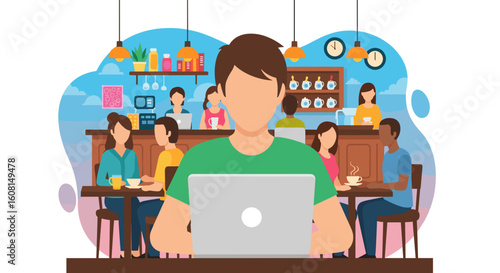 Man working on laptop in a busy cafe, ideal for blog posts about remote work or co-working spaces.