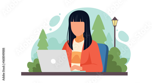 Woman working on laptop in park, perfect for blog post, website banner, or social media.