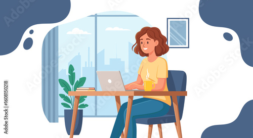 Happy woman working from home on laptop, perfect for remote work blogs or websites.