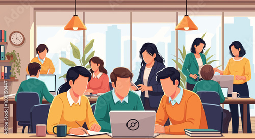 Diverse team collaborating in a modern office, perfect for website banners or presentations.