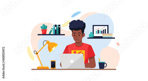 Young African American man working on laptop at home office, perfect for website banners or blog posts about remote work.