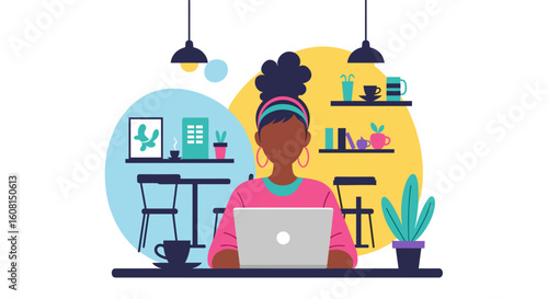 Woman working on laptop in a cafe, perfect for blogs about remote work or freelance lifestyle.