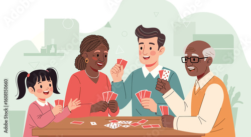 Multigenerational family playing cards together, perfect for illustrating family bonding, togetherness, and intergenerational connections on websites or brochures.