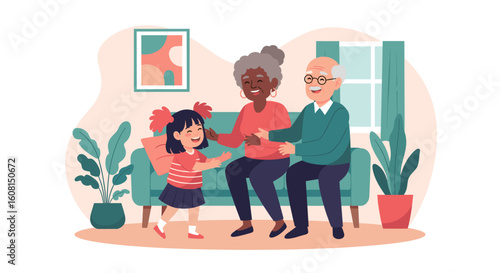 Happy Grandparents and Grandchild Spending Quality Time Together at Home - Perfect for Family, Generational, and Love-themed Projects