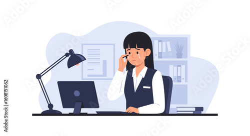 Upset businesswoman crying at her desk, perfect for illustrating stress, burnout, or workplace challenges in articles or presentations.