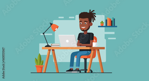 Happy man working on laptop at home office, perfect for website banners or blog posts about remote work.