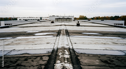 Aged industrial building flat roof needing repair roof service on an overcast day