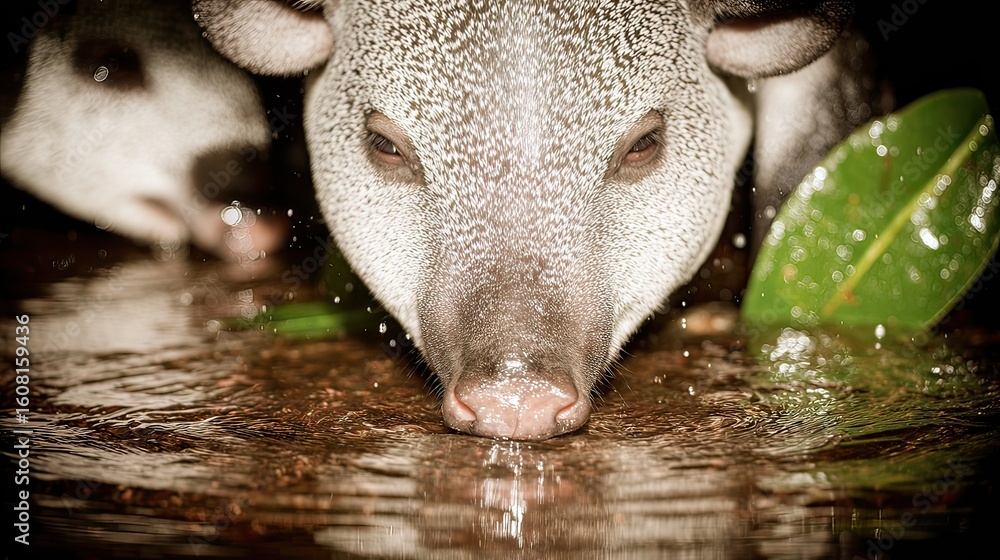 Obraz premium Lowland tapir drinking, night, rainforest, wildlife